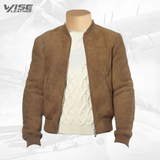 Suede Leather Bomber Jacket With Ribbed Collar - Wiseleather