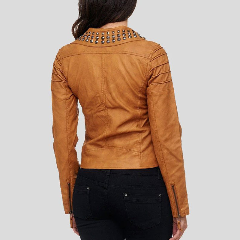 Tan Brown Leather Biker Studded Jacket For Womens