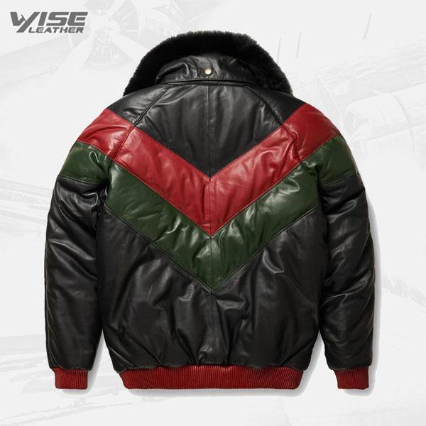 Red Green And Black V-Bomber Leather Jacket - Wiseleather