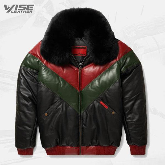 Tri-Color V-Bomber Leather Jacket - Red, Green, Black