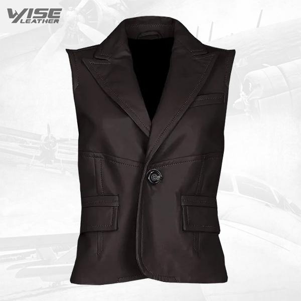 Timeless One Button Brown Leather Vest - Wiseleather