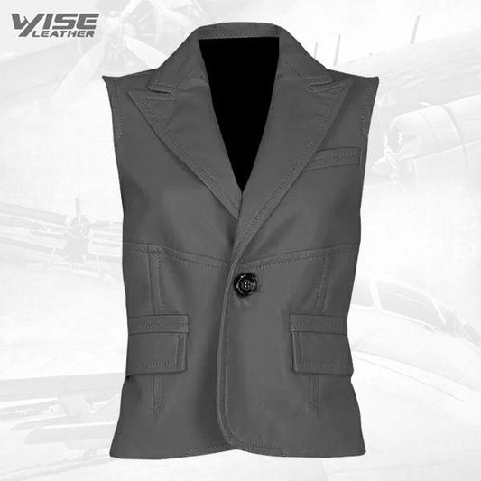 Timeless One Button Grey Leather Vest - Wiseleather