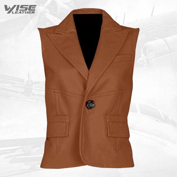 Timeless One Button Tan Leather Vest - Wiseleather
