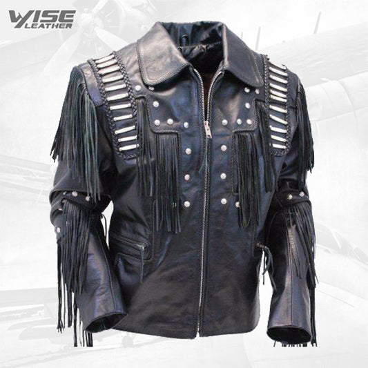 Traditional Mens Western Leather Cowboy Jacket Coat With Fringe Bones And Beads