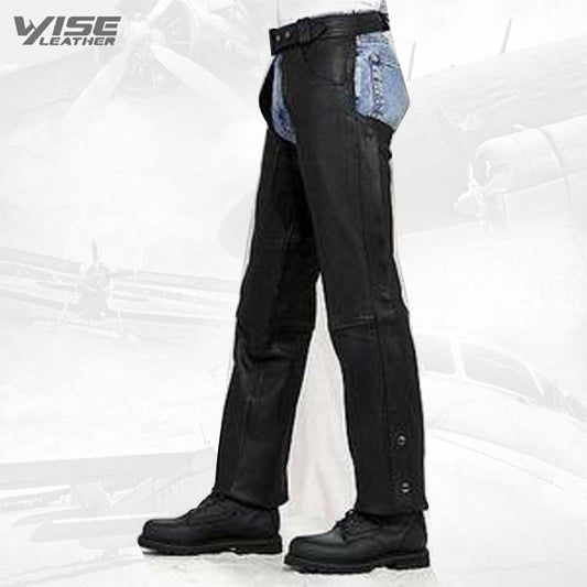 Unisex Black Leather Motorcycle biker Chaps zipout liner, elastic comfort Thighs CLOSEOUT - Wiseleather