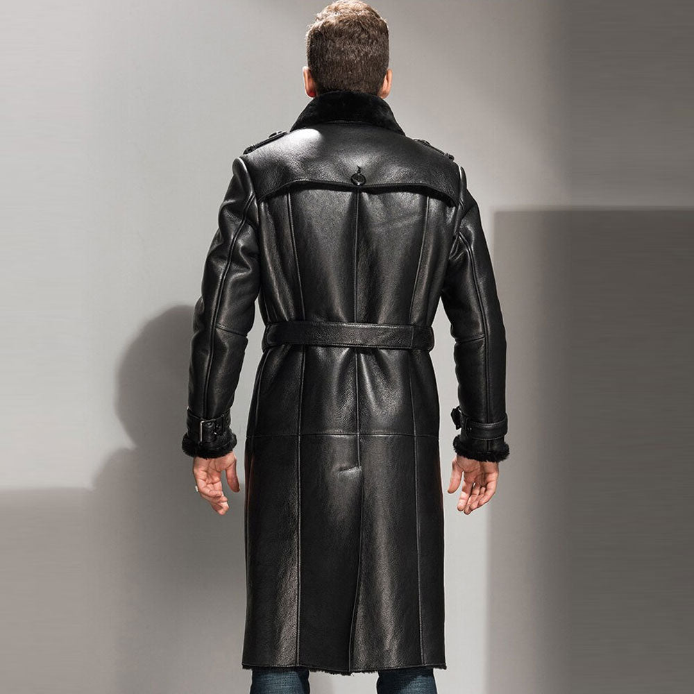 Men's Sheepskin Shearling Coat Black Leather Jacket Long coat