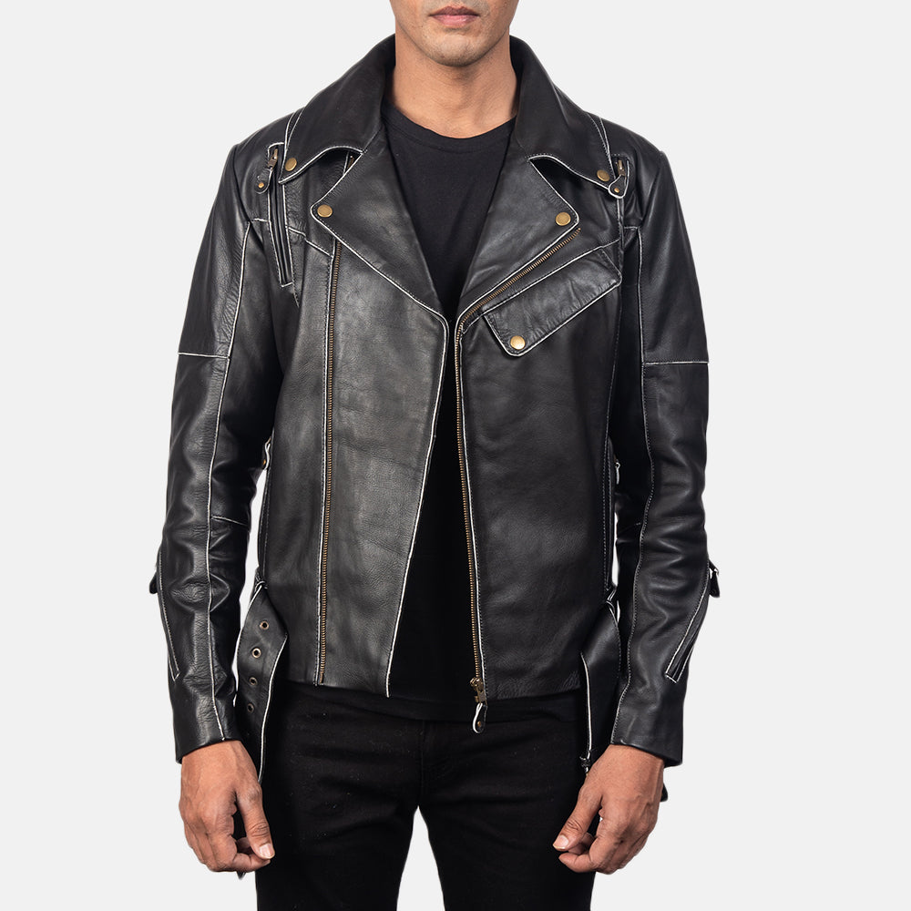 Distressed Black Leather Biker Jacket