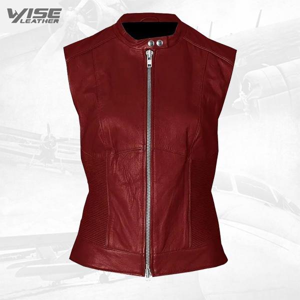Vintage Look Women Maroon Leather Vest - Wiseleather