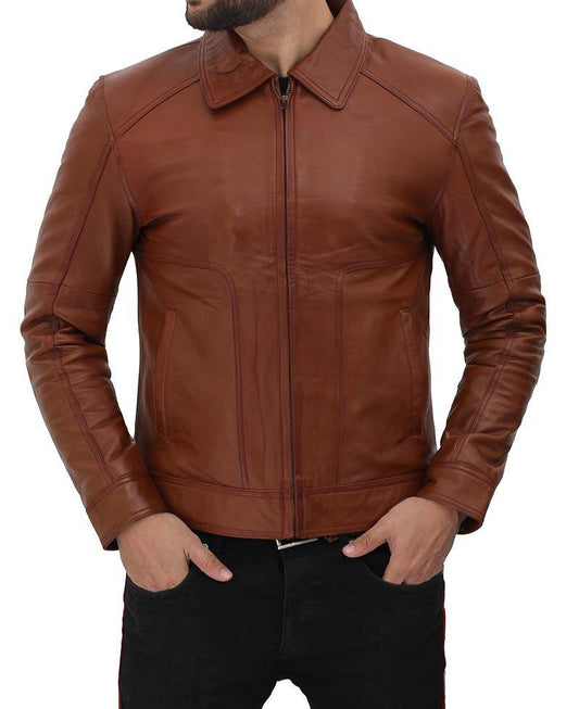Brown Shirt Collar Casual Leather Jacket - Wiseleather