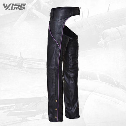 Women's Premium Leather Black with Purple Stripe Motorcycle Chaps