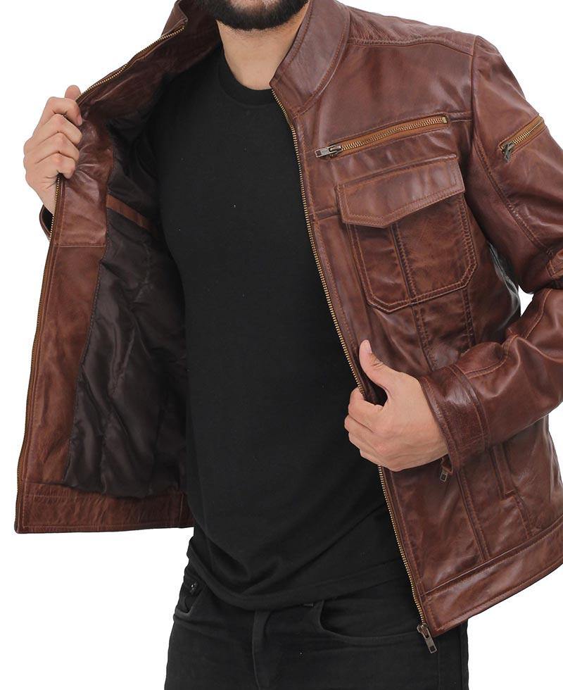 Two Pockets Brown Lambskin Wax Leather Jacket for Men - Wiseleather