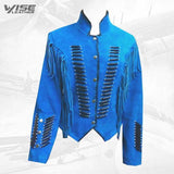 Western Cowboy Fringed Blue Suede Leather Jacket
