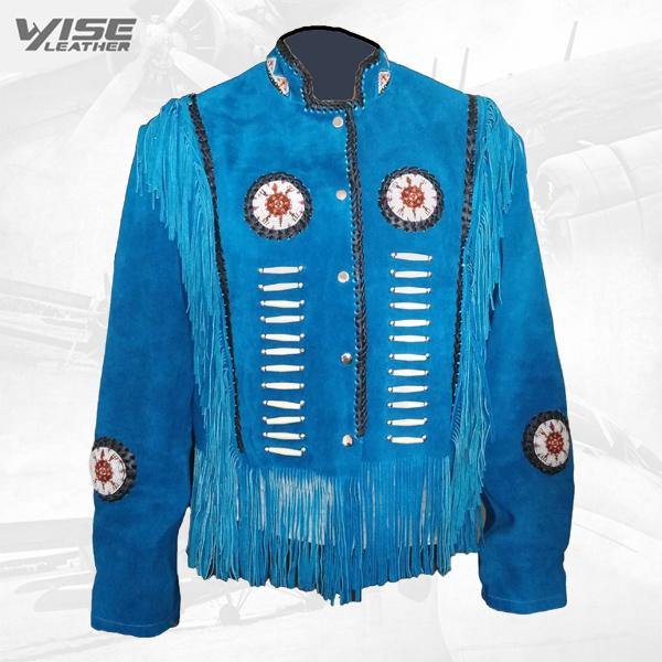 Western Fashion Native America Suede Fringe Jacket Beaded Bones Coat - Wiseleather