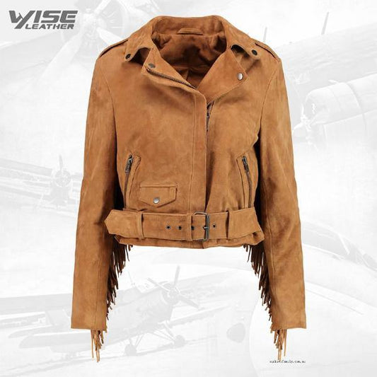 Western Tan Suede Leather Fringe & Biker Jacket - Wiseleather