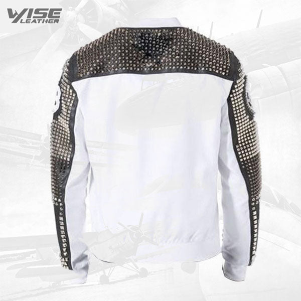 White Original Studded Punk Men Leather Jacket With Embroidery Patches - Wiseleather