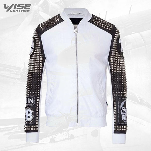 White Original Studded Punk Men Leather Jacket With Embroidery Patches - Wiseleather