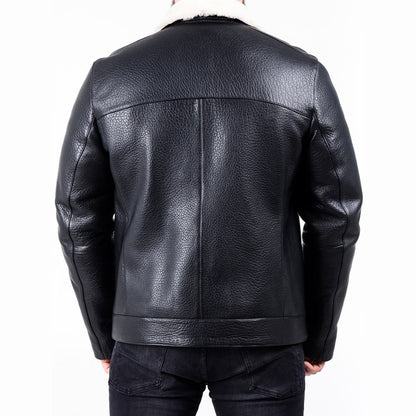 White Shearling Leather Black Jacket For Mens