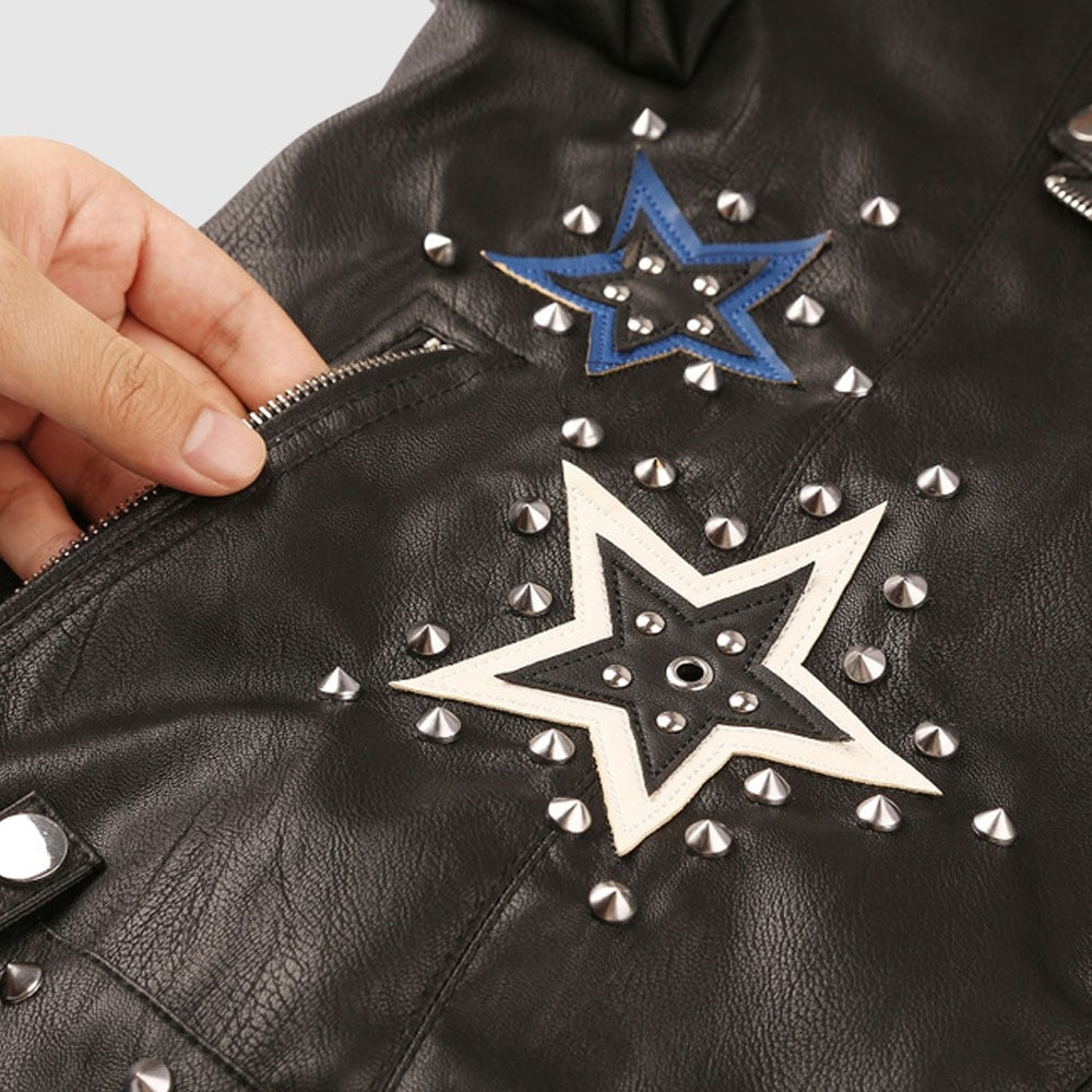 Women Black Leather Studded Jacket With Stars Studded Biker Fashion Jacket back