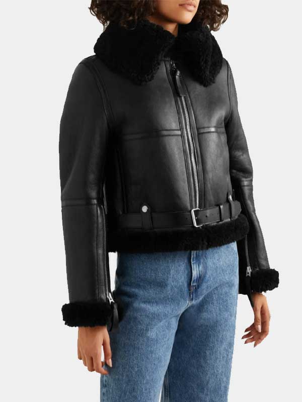 Womens Aviator Cropped Shearling Black Leather Jacket