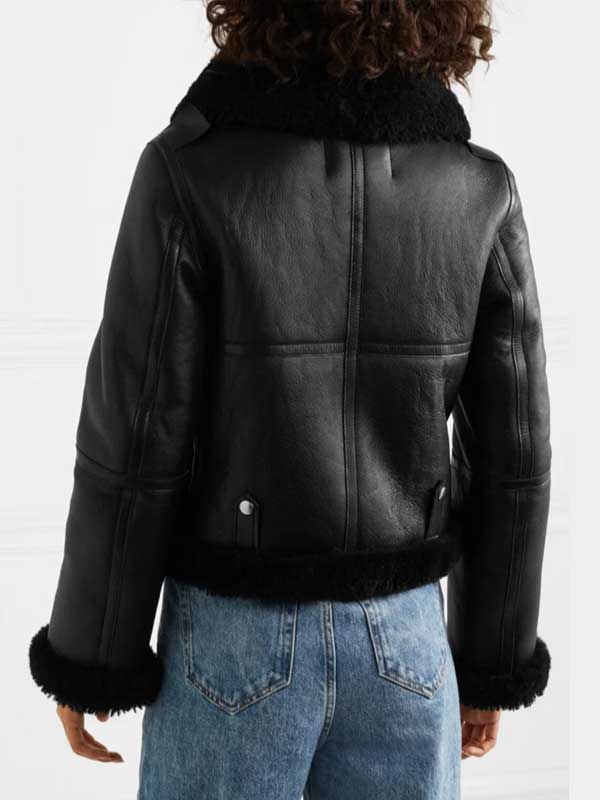 Womens Aviator Shearling Black Leather Cropped Jacket