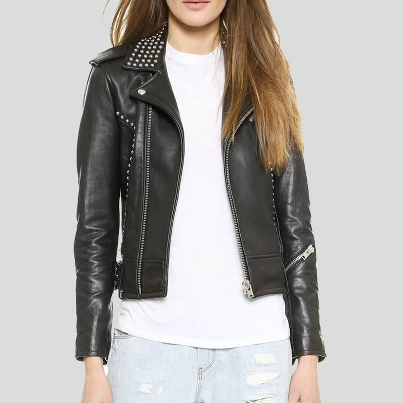 Womens Biker Studded Leather Jacket