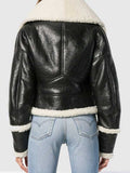 Womens Black Leather Cropped Long Shearling Collar
