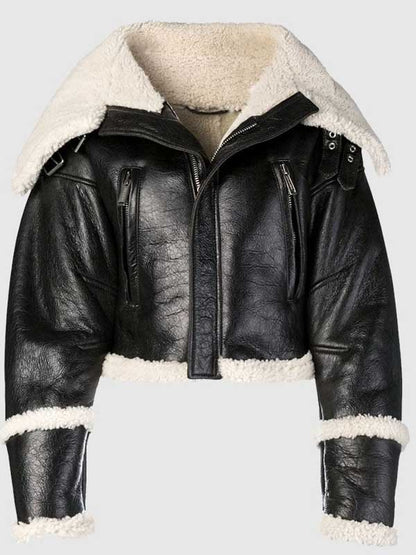 Womens Black Leather Long Shearling Collar