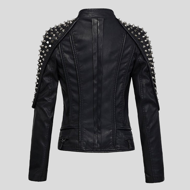 Womens Black Punk Stylish Studded Leather Moto Jacket