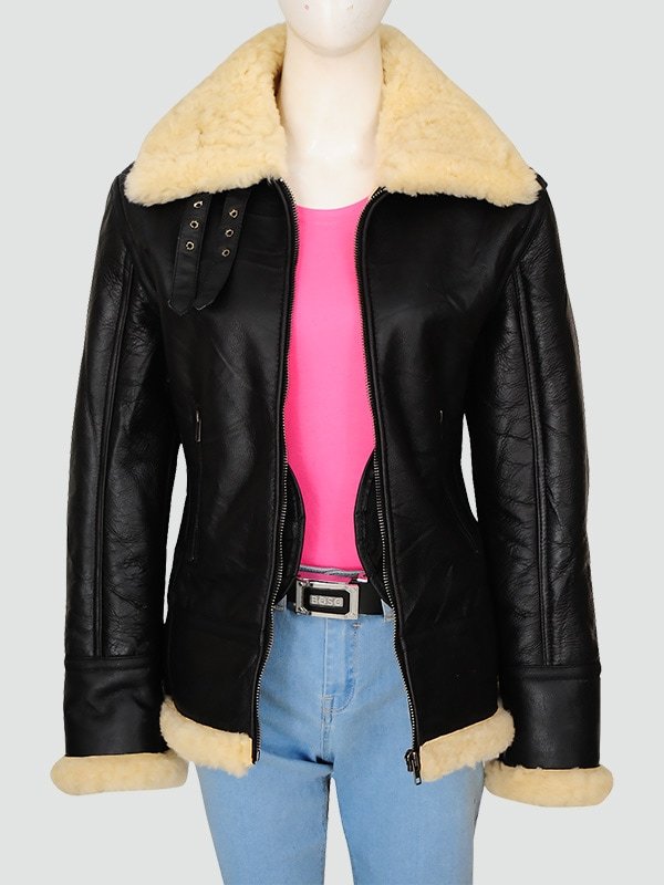 Womens Black Sherarling Bomber Leather Jacket