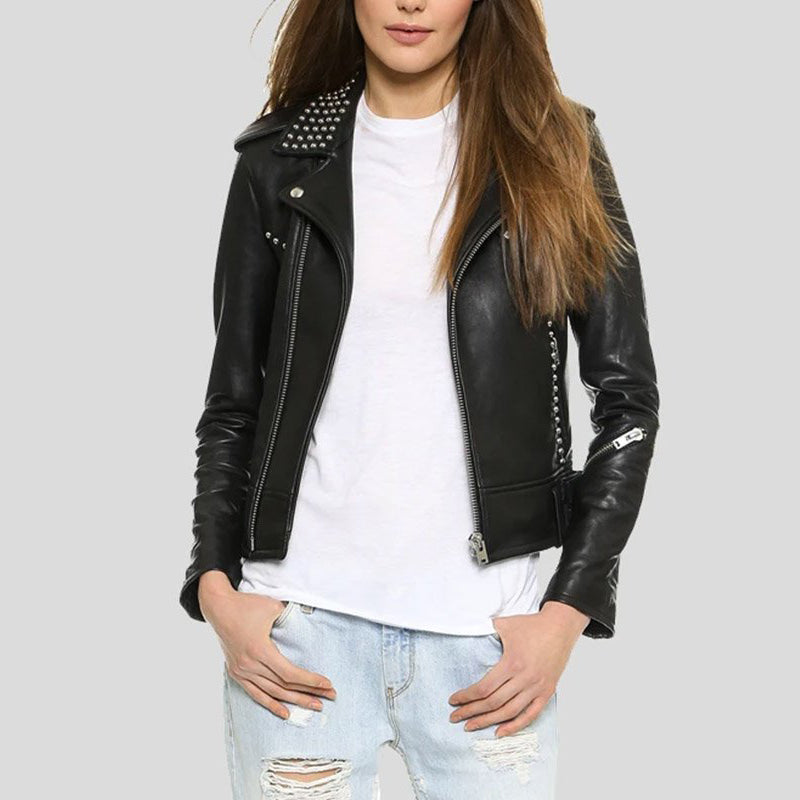Womens Black Studded Leather Biker Jacket
