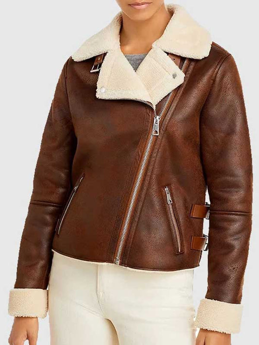 Womens Brown Leather Motorcycle Shearling Jacket