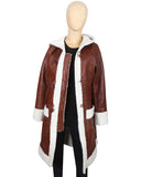 Womens Brown Leather Shearling Long Hooded Coat