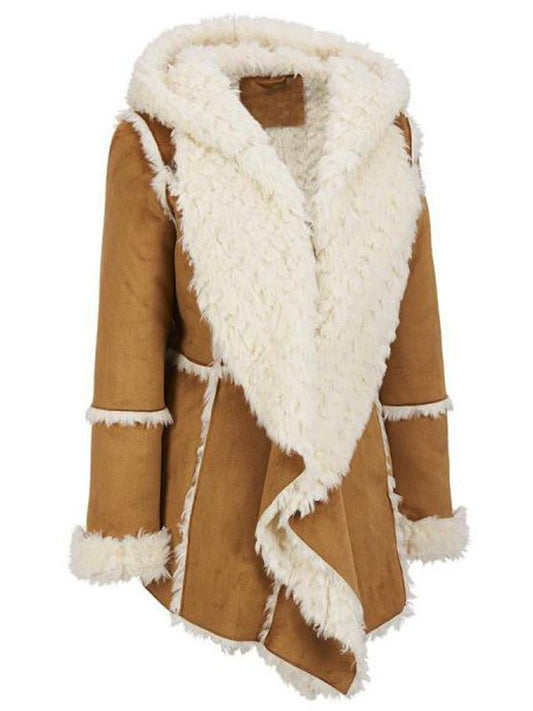 Womens Brown Shearling Hooded Overcoat