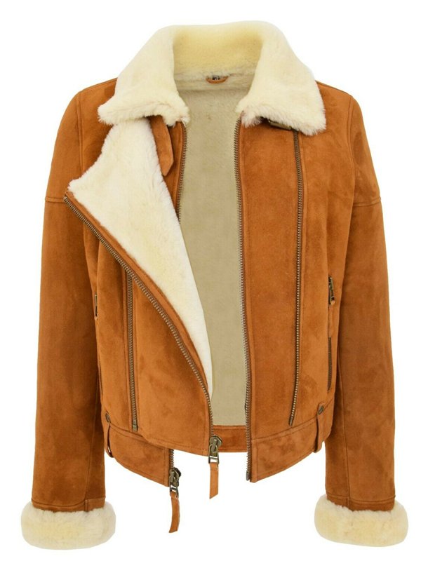 Womens Brown Sheepskin Shearling Aviator Leather Coat