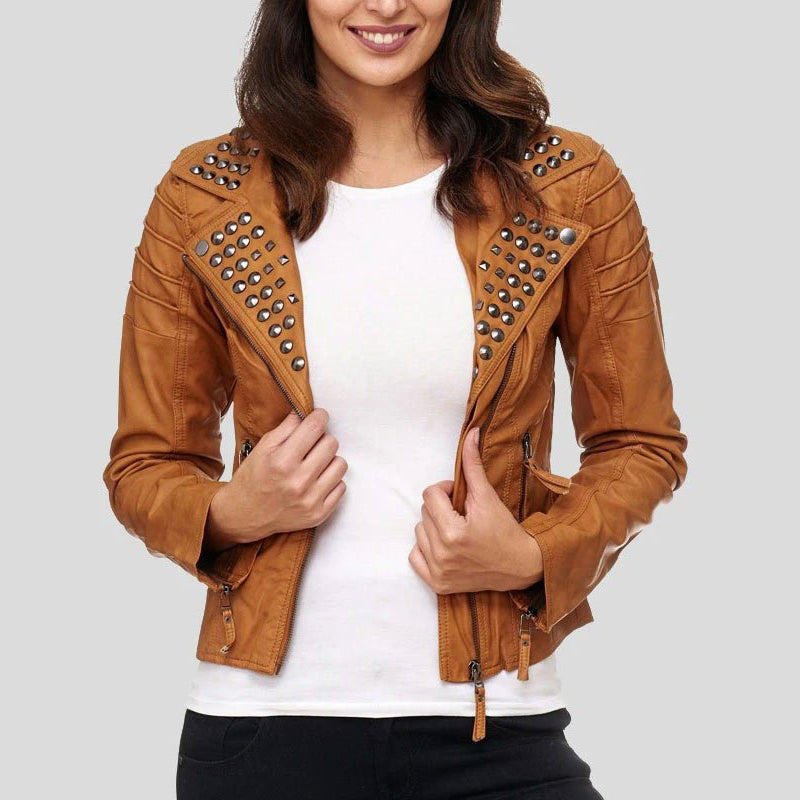 Womens Brown Studded Biker Leather Jacket