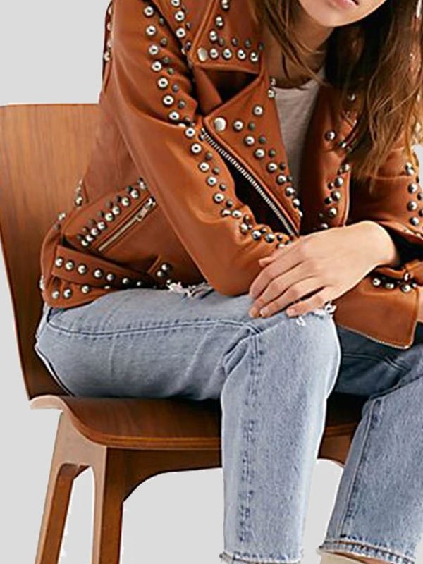 Womens Brown Studded Leather Jacket