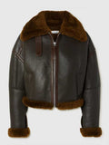 Womens Brown Textured Leather Shearling Jacket
