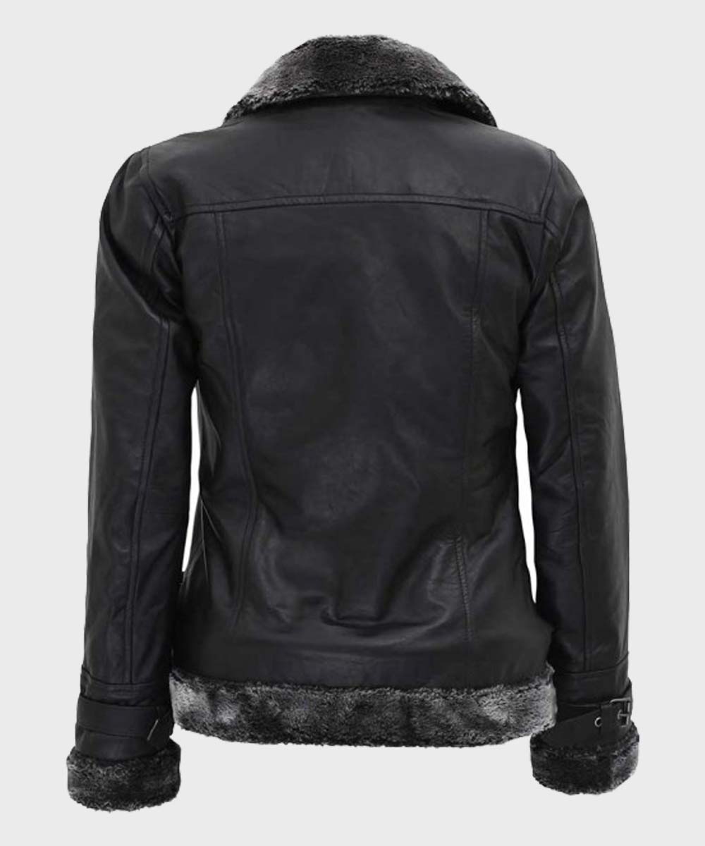 Womens Classic Black Leather Belted Shearling Jacket