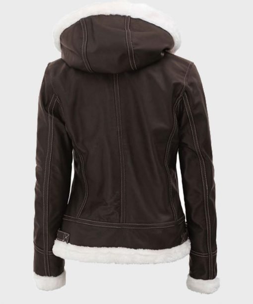 Womens Dark Brown Hooded Shearling Jacket