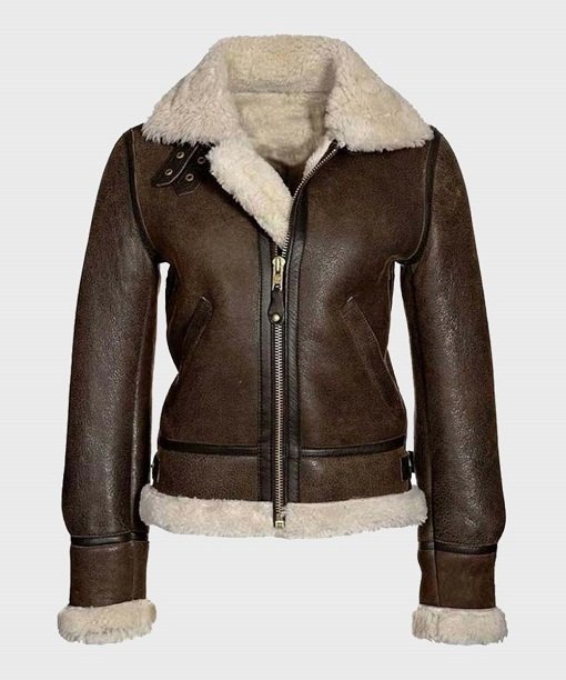 Womens Distressed Brown Shearling Leather Jacket