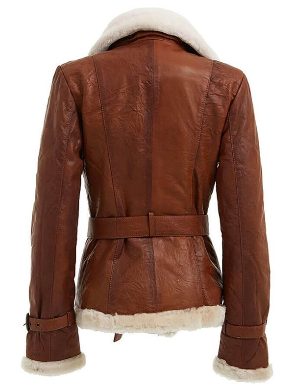 Womens Double Breasted Brown Shearling Leather Jacket