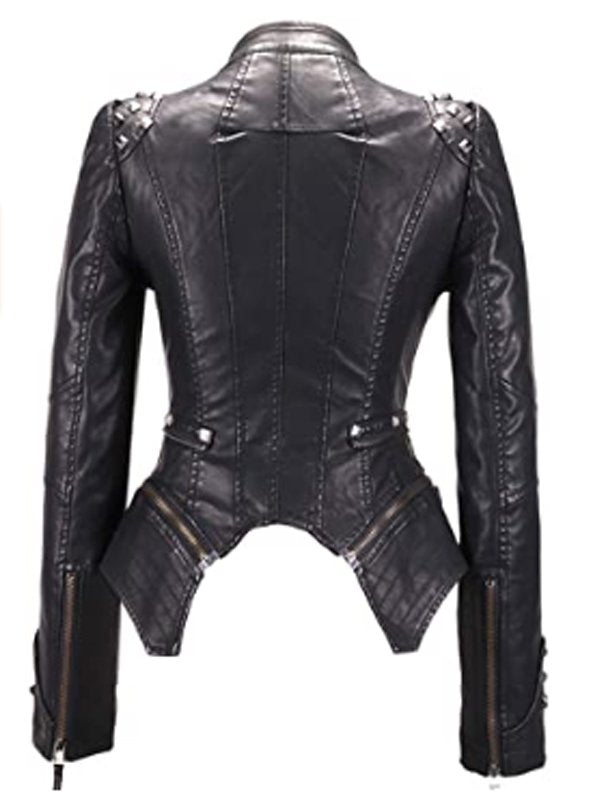 Womens Fashion Studded Black Leahter Biker Jacket