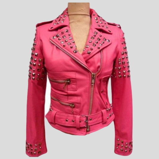 Womens Golden Studded Pink Biker Leather Jacket