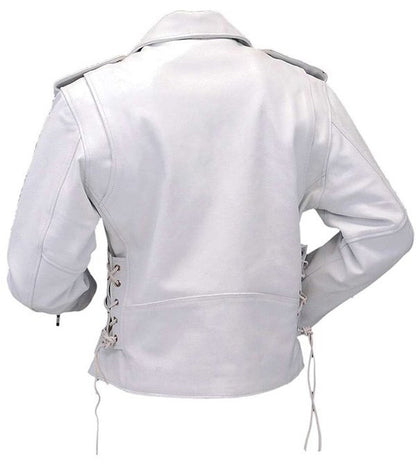 Womens Racer White Leather Motorcycle Jacket