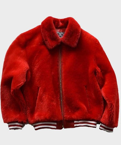Womens Red Fur Sheep Bomber Jacket