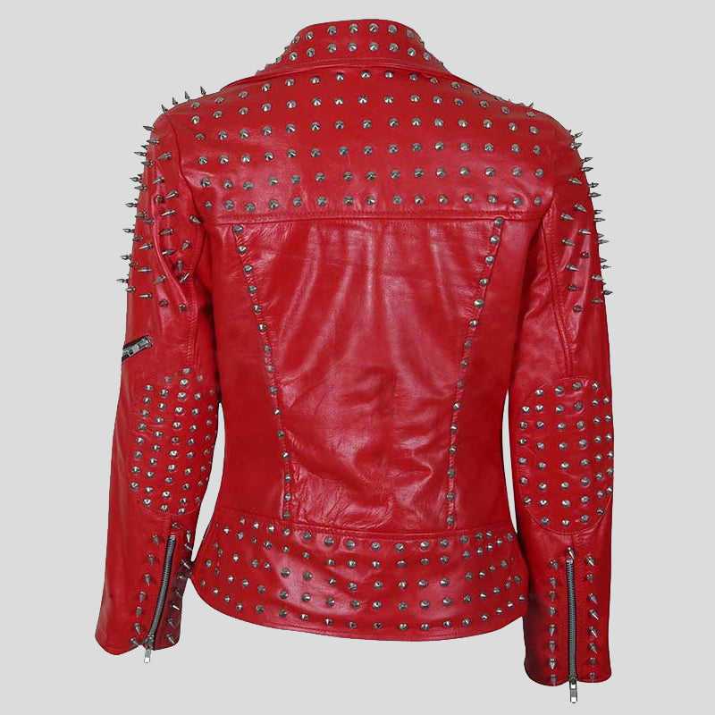 Womens Red Spike Leather Studded Jacket