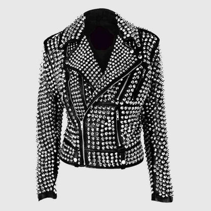 Womens Rock Star All over Silver Studded Cowhide Leather Moto Jacket