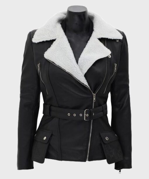 Womens Shearling Black Belted Biker Leather Jacket