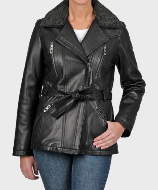 Womens Shearling Black Belted Leather Jacket