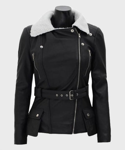 Womens Shearling Black Biker Leather Jacket